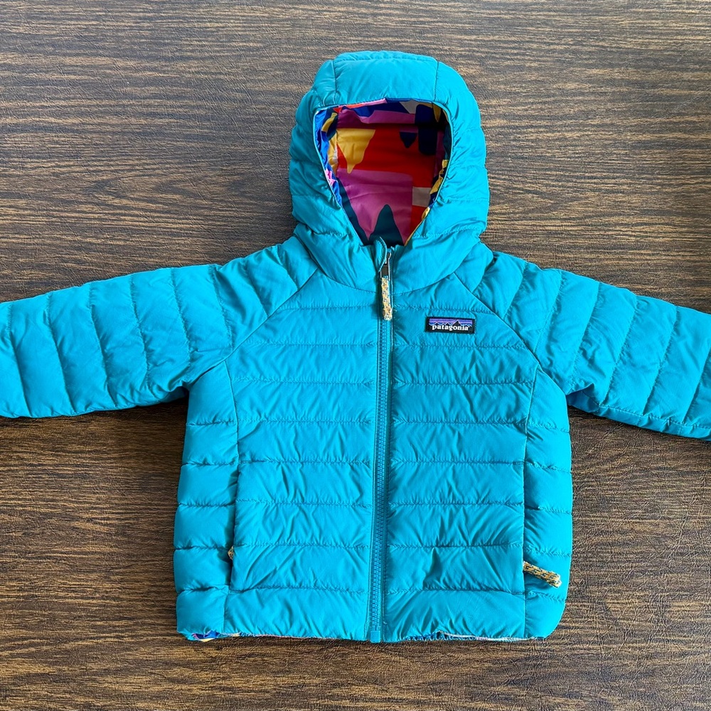 Teal Patagonia Baby Reversible Down Sweater Hoody